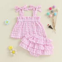 Newborn Baby Girls Summer 2pcs Outfit Plaid Tie Shoulder Sleeveless Ruffle Camisole Crop Top + Elastic Waist Shorts Set - Hồng - Xem 9