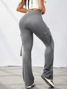 Pantalones cargo tipo leggings con piernas acampanadas, cintura ancha, elásticos, bolsillos y detalles decorativos, de estilo deportivo y para ejercicio de levantamiento de glúteos, en estilo Y2K