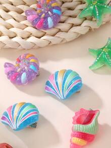 Set de 12 pinzas para el cabello con conchas y estrellas de mar para niñas, decoración para vacaciones y uso diario - Multicolor - Ver 3