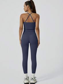 NcmRyu 1 套女式工字背心和裤子，瑜伽普拉提跑步训练休闲运动套装 - 藏蓝色 - 查看 8