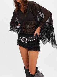 Camisa de mujer con mangas largas, lazo frontal, volantes y encaje en la Bottom, escote en V transparente, estilo boho, campesina y de playa