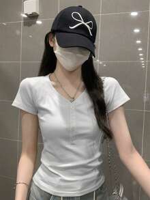 女士夏季V领短袖休闲T恤 - 白色 - 查看 6