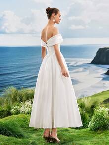 Elasola 亮面缎面露肩优雅晚礼服 白色A字仙女风新娘送礼会礼服 婚礼季 优雅