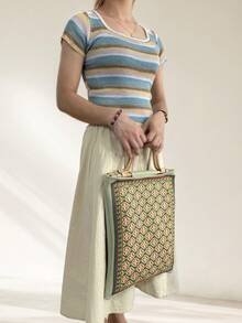 Thickened Bamboo Handle Embroidered Large Capacity Tote Bag, Textured, Fashion Commuter Bag For Daily Use, Perfect Gift - Green - View 2