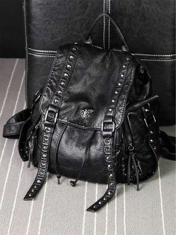 Vintage Rivet Backpack Purse, Retro Punk Style Travel Daypack, Women's Gothic School Knapsack.