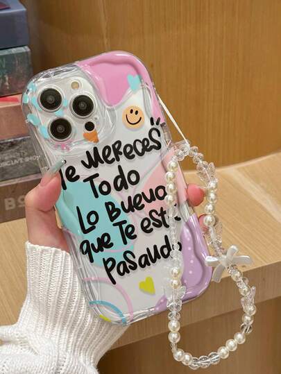 笑脸和字母奶油色漩涡波浪装饰透明防震厚手机壳，印花适用于 16/16 Pro/16 Pro Max/16 Plus、15 XR/7/8、15 Pro Max、12 Pro Max、13 Pro Max、14 Pro Max、13、14、11、12、14、11、12 Pro、XS、XR、7/8、7/8 Plus