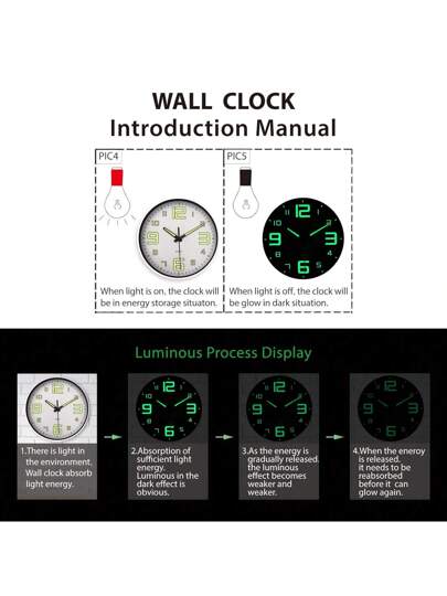 Glow In The Dark Wand Clock, Creative Silent Living Room Bedroom, Home Kitchen, Office Easter Friend "10" 12 "(No Battery) (Needs To Absorb Enough Verlichting Energy Shine) view 11