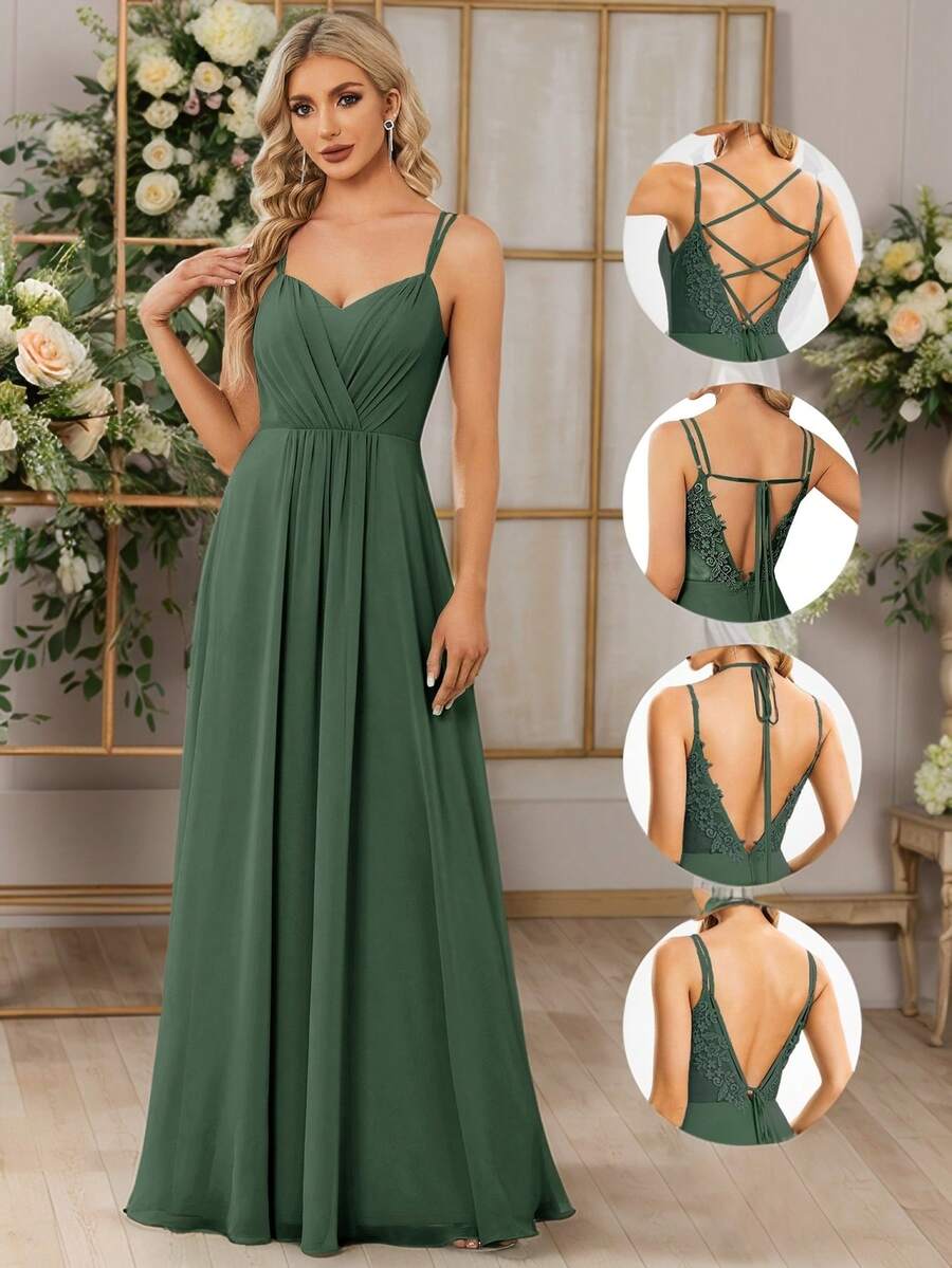 优雅纯色极简褶皱交叉露背绿色伴娘礼服，适合半正式场合、婚礼、派对、春夏穿着。