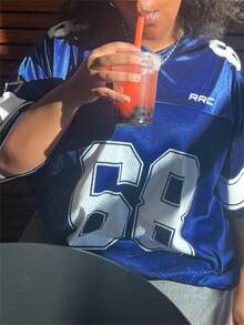 قميص كاجوال قصير الأكمام من الشبك والرقعة بطراز رجعي للنساء، قميص رياضي بتصميم يونيفورم