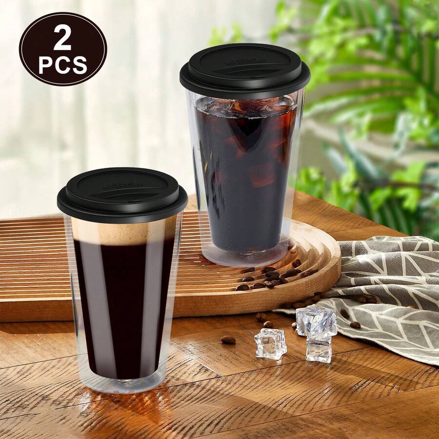 2 Double Coffee Mug, With Silicone Lid,12 Oz 2-Piece Insulated Coffee Mug With Lid,354mL, Reusable Glass Frozen Travel Coffee Mug With Lid,Dishwasher Safe For Morning Coffee, Hot Or Cold Beverages