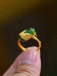 1pc Vintage Palace Style Gilded Jade Agate Cicada Finger Ring, Handmade Adjustable Ring Suitable For Women Everyday Wear, Festivals, Parties, Girlfriend Gift - Green - View 1