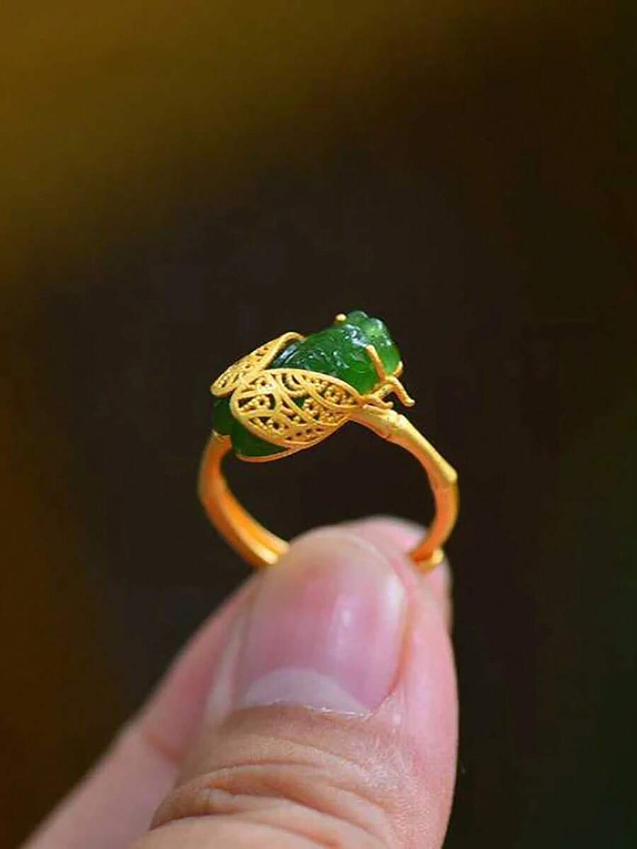 1pc Vintage Palace Style Gilded Jade Agate Cicada Finger Ring, Handmade Adjustable Ring Suitable For Women Everyday Wear, Festivals, Parties, Girlfriend Gift - Green - View 1