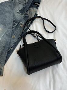 1pc Fashionable Minimalist Buckle PU Tote Bag With Scarf, Suitable For Daily Use - Black - View 11