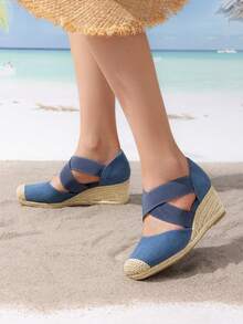 Women's Close Toe Espadrilles Platform Slip On Elastic  Cross Straps Dressy Wedges Sandals Matching Dress - 藍色 - 查看 4