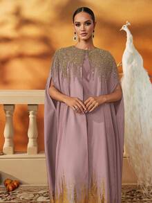 AmazingHoney Váy dạ hội màu hồng và vàng thanh lịch, được làm thủ công với nhiều chi tiết trang trí, váy dạ hội dài chấm đất dành cho nữ để dự tiệc vũ hội, tiệc tối và đám cưới, váy dạ hội dành cho nữ, váy Ả Rập dành cho nữ, váy Abaya, váy Kaftan - Bụi hồng - Xem 3