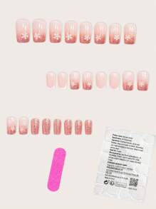 24 Peças Kit de Unhas Postiças de Forma Quadrada Curta para Outono e Inverno, Flores Elegantes em Rosa Quente e Folha de Ouro Brilhante, Kit Perfeito de Unhas Postiças Falsas de Cobertura Total, Inclui 1 Peça Folha de Adesivos e 1 Peça Lixa Miniatura, para Uso Diário, Escritório, Festa em Casa, Joias e Acessórios Femininos, Dicas de Unhas Falsas 1 Peça Tira de Lixa Jelly Gel, Envio Aleatório