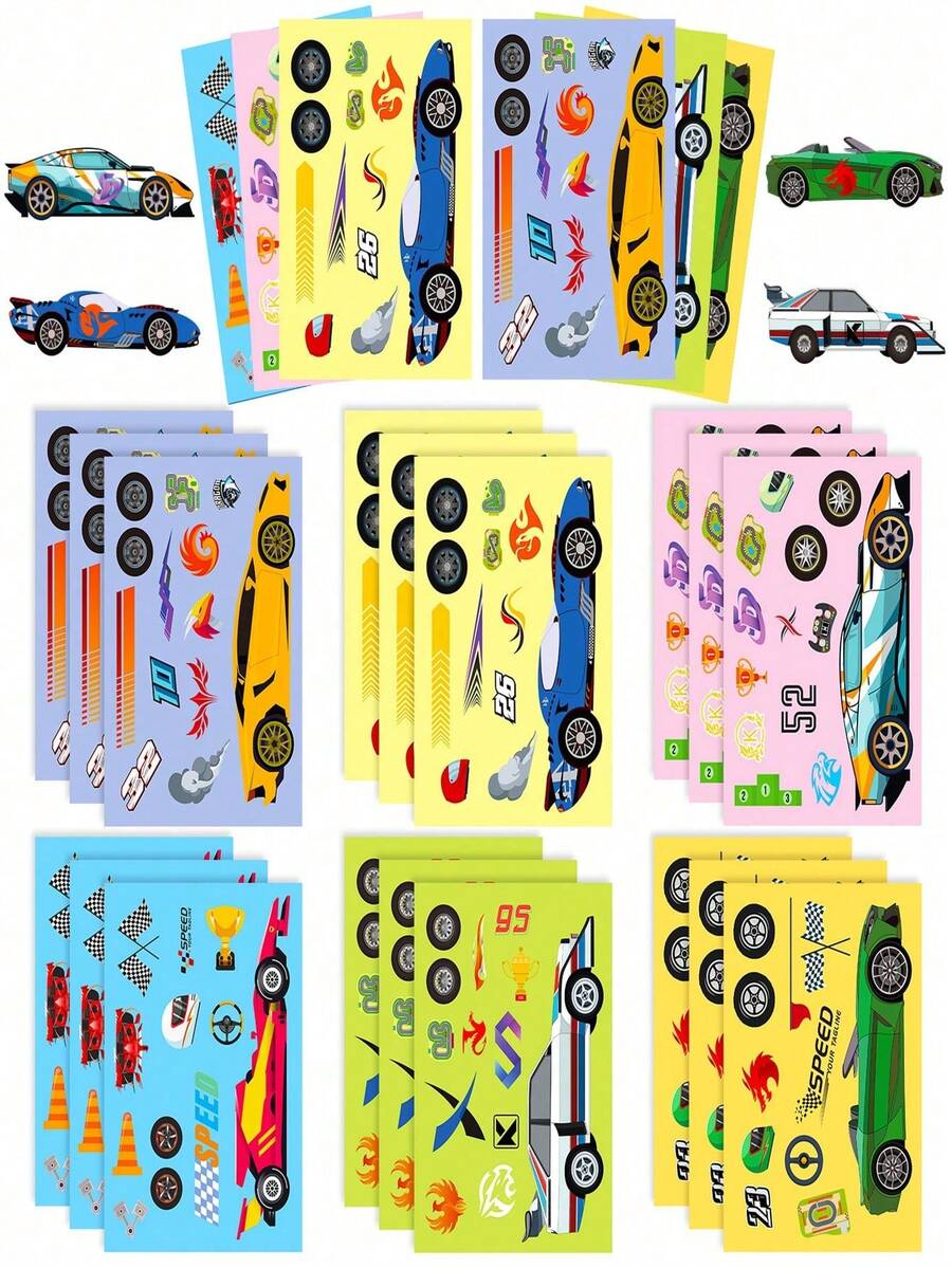 6pcs/Pack Racing Car DIY Puzzle Stickers, New Cross-Border Product - Multicolor - View 1