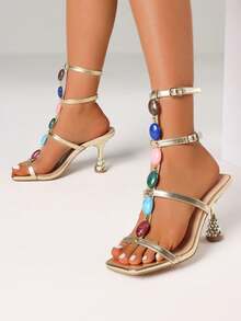 Women's High Heels Sandals Fashion Beaded Ankle Strap Open Toe Party Dress Sexy Sculptural Heels Summer Sandals Woman - 金A - 查看 3