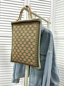 Thickened Bamboo Handle Embroidered Large Capacity Tote Bag, Textured, Fashion Commuter Bag For Daily Use, Perfect Gift - Green - View 4