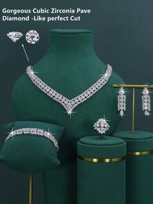 Conjunto de 5 peças banhadas a ródio, joias de luxo estilo real do Oriente Médio, Dubai, com design geométrico em formato de V, feitas à mão com zircônia cúbica branca, inclui colar, pulseira, brincos e anel, adequado para uso diário em casamentos, presente de aniversário de casamento, presente de Dia das Mães (embalagem em caixa de presente dourada) - Branco - Ver 3