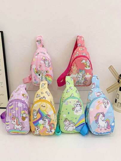 1 pieza Bolso de pecho de niña con cierre de cremallera y estampado de poni, adecuado para todas las estaciones