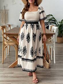 Plus Size Printed Dress, Elegant Waist Design, Flattering, Vacation Vibe - Apricot - View 5