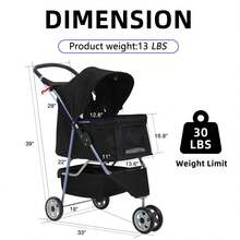 Pet Jogger Stroller, 3-Wheel Folding Carrier For Small Dogs & Medium Pets, Waterproof With Cup Holder & Removable Liner - Black - View 6