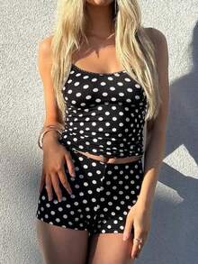 Women's Y2K Summer 2 Piece Cami Pajama Set Dot Print/Stripe Sleeveless Pjs Tank Tops And Shorts Sets Camisole Lounge Set Sleepwear - 黑色 - 查看 2
