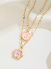 2pcs/Set Fashionable Delicate Sweet Five-Petal Flower & Letter Double Layer Necklace, Suitable For Girls Beach Vacation, Choker Necklace, Can Be Birthday Gift For Family And Friends - Pink - View 3