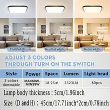 CANMEIJIA LED 可调节天花板灯具，面板浴室灯，亮色房间照明，纯白色家居装饰照明，220V，方形/圆形，30W/40W/50W/60W，适用于卧室、客厅、书房、壁橱、厨房、走廊、单人间、仓库、办公室、工作室、商店（根据使用需求选择尺寸） - LED吸頂燈多色變光(3000k-6500k) - 查看 6