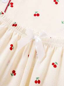 2pcs/Set Women Plus Size Lapel Collar Open Front Short Sleeve Top With Pocket Cherry Fruit & Bow Graphic Casual Comfort And Shorts Pajama Set, Loungewear