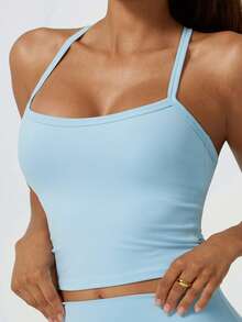 NcmRyu 1 套女士无缝弹力性感交叉后背运动文胸和紧身裤运动服套装 - 藍色 - 查看 5