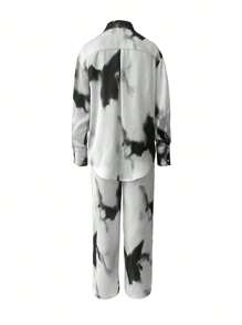 2 pezzi Set di seta stampata - Camicia a maniche lunghe e Pantaloni, Outfit casual per primavera/estate per donna
