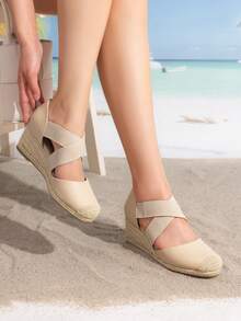Women's Close Toe Espadrilles Platform Slip On Elastic  Cross Straps Dressy Wedges Sandals Matching Dress - Màu be - Xem 1