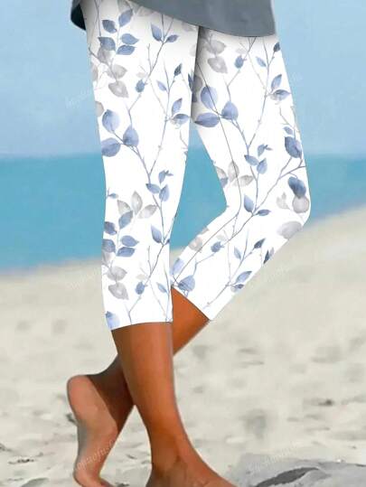 Women's Floral Print 7/8 Leggings - Stretchy Polyester Blend, Mid-Length, Machine Washable, Suitable For All Seasons