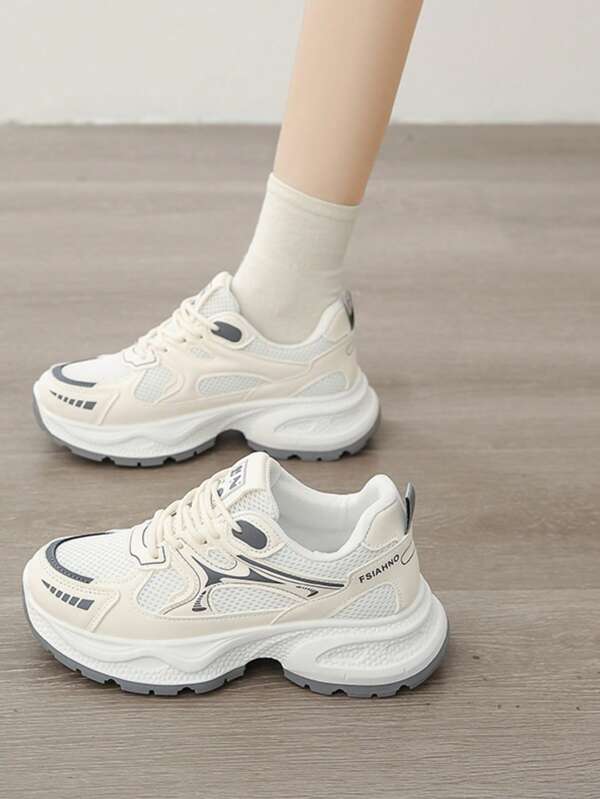 New Round Toe Thick Sole Mixed Color Mesh Lace-Up Low-Top Outdoor Comfortable Campus Style Chunky Sneakers For Women