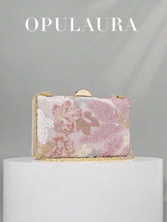 OpulAura 亮片刺绣花卉手拿包，女士时尚亮片拼布手提包，派对晚宴包，随机剪裁，适合女性，适合派对、婚礼、宴会、度假。非常适合派对、婚礼、宴会，搭配节日派对礼服、晚礼服和亮片礼服。