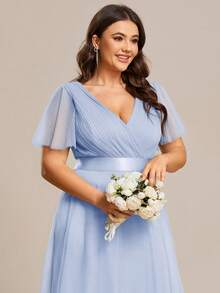 EVERPRETTY Vestido de dama de honor de gasa azul hielo con busto fruncido y cintura alta, elegante y de talla grande, vestido de noche formal, vestido para fiesta y boda, otoño - Celeste - Ver 6