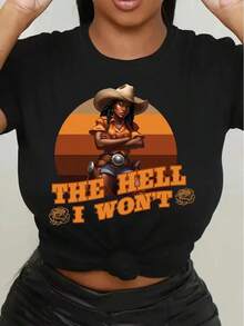 100% Cotton Western Cowgirl Graphic Tee For Women - Casual Short Sleeve, Round Neck, Breathable Polyester T-Shirt, Leisure Style Summer T-Shirt For Women - màu đen - Xem 1