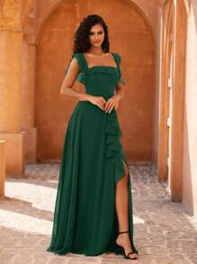 MOEVIO 女士优雅露肩荷叶袖A字高开衩伴娘婚礼宾客正式晚礼服，适合舞会、毕业典礼、返校节、节日、秋季等场合