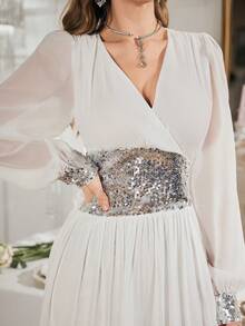 Women's Summer New Waist Gathering Design Dress, Casual Vacation White Flowy Long Dress; Women's Elegant Fashion High-Level Sparkling Sequin Patchwork V-Neck Maxi Evening Dress, Bridesmaid Dress - White - View 2