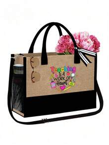 Bộ quà tặng Ngày Nhà giáo, gồm 1 túi xách thời trang cỡ lớn và 1 ví đựng tiền xu bằng vải lanh, in dòng chữ "Dạy học là một nỗ lực từ trái tim", họa tiết sáng tạo, màu sắc tươi tắn, rộng rãi và bền chắc. - Màu Khaki - Xem 12