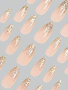 24片装中号杏仁形复古经典奢华裸黄色渐变闪粉美甲套装，为您的美甲增添浪漫气息。优雅性感的全覆盖假指甲套装，包含1张贴纸和1张迷你果冻胶贴纸。随机发货。美甲用品，按压式假指甲。 - 金色 - 查看 3