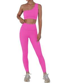 Fisoew Women's 2-Piece Workout Set - High Waisted Yoga Leggings & One Shoulder Sports Bra | Seamless Activewear Gym Tracksuit, Running Outfit | Plus Size, Streetwear, Tennis, Yoga, Fitness, Matching Sets, Viral - Hồng - Xem 4