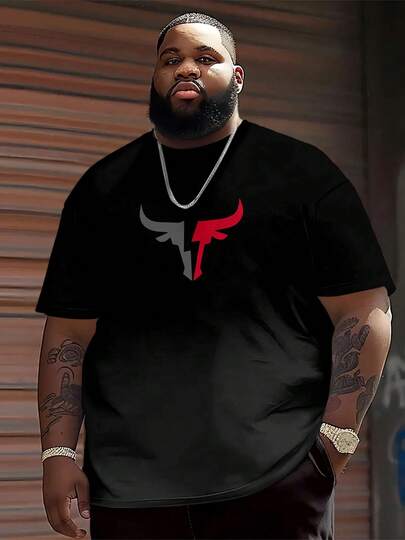 大码男士渐变色图案黑色 T 恤，休闲时尚，透气涤纶，可机洗