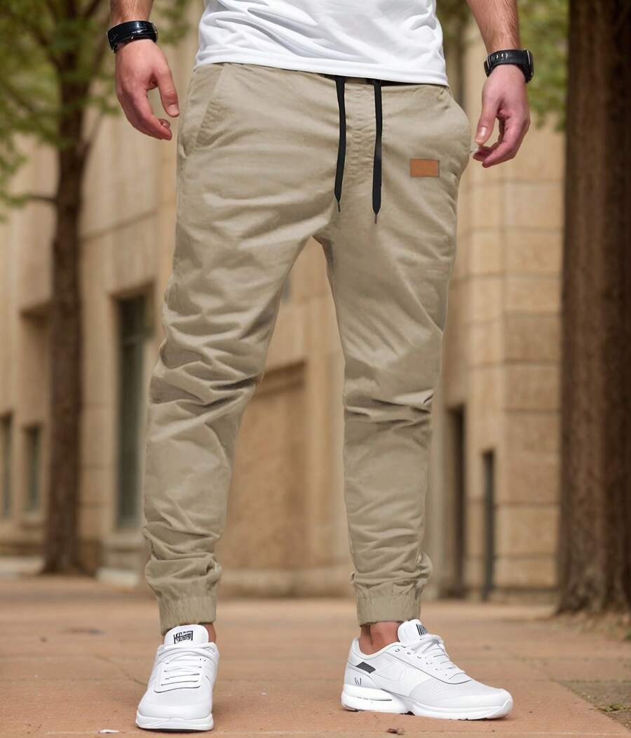 Mens Casual Joggers Pants Cotton Elastic Waist Drawstring Chino Cargo Pants Hiking Outdoor Track Sweatpants - 卡其色 - 查看 1