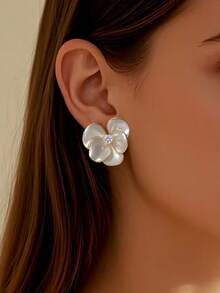 一對手繪油畫花卉耳釘，配有彩色鑽石，甜美風格和誇張的耳環，高級女性禮品珠寶 - 油畫花朵耳環 - 查看 2