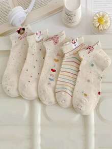 5 Pairs Random Cartoon Puppy & Rabbit Print Ankle Socks, Spring/Summer - Multicolor - View 2