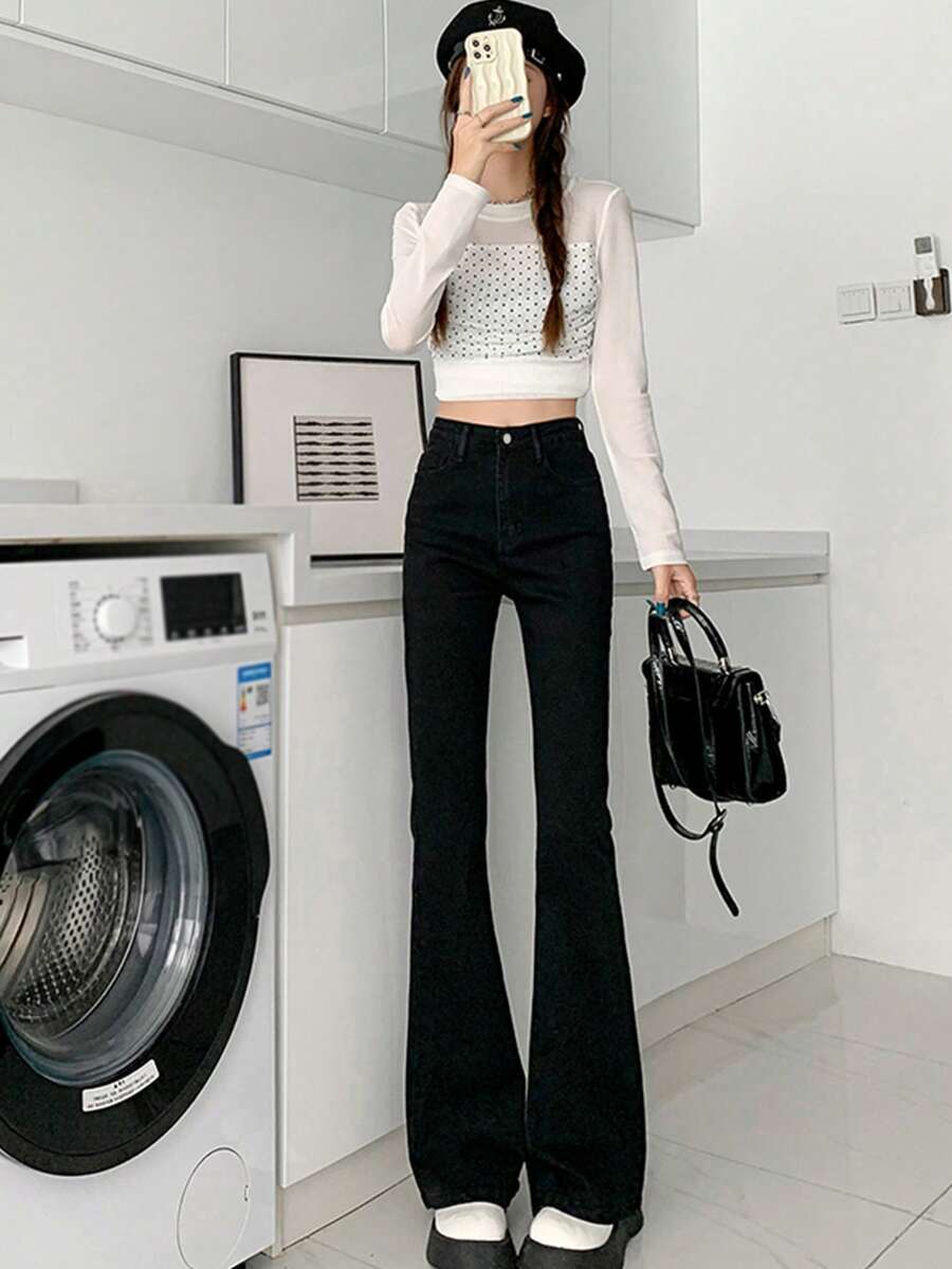 女士休闲日常纯色斜插口袋喇叭牛仔裤 春季款 - 炭黑 - 查看 1