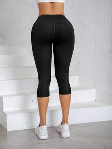High-Waist Peach Lift Yoga Capris For Women - Breathable, Stretchy, Hip-Lifting Workout Leggings With Pocket, Non-See-Through Polyester Blend, Ideal For All Seasons - 黑色 - 查看 5